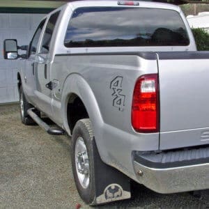 Mud Flaps on 2011 Ford F-250 without flares 12" wide extra long rears with Two Wolves Artwork