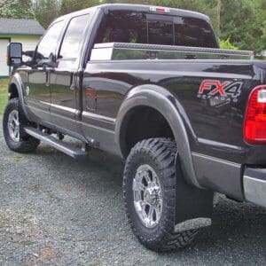 Mud Flaps on 2014 Ford F-350 SRW with flares, Black Powder Coated Lifted Truck Bracket on front and style#9 on rear, 14" wide drilling required for Trucks with Lift and Oversized Tires